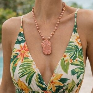 Vintage Hand-Carved Pink Shell Necklace | Leaf Pendant | Coastal Boho Jewelry